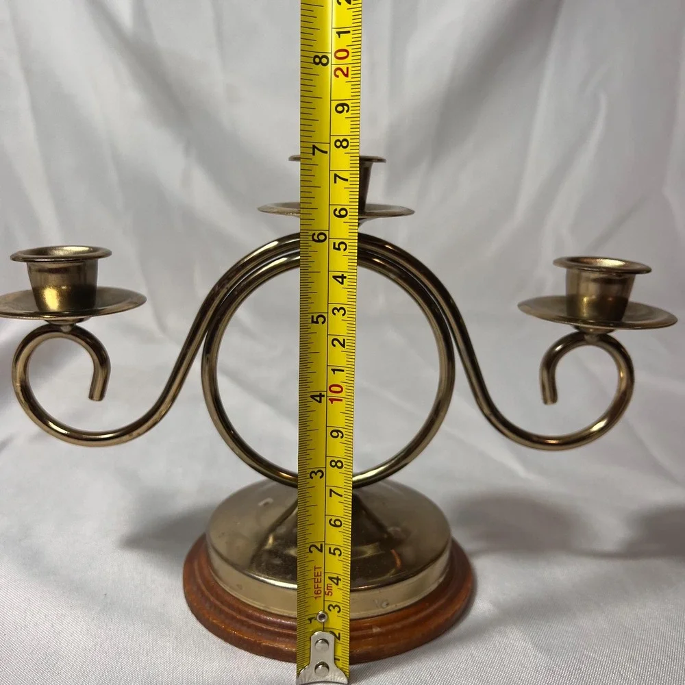 VTG Brass 3 Arm Candelabra Wood Base Scroll Candle Holder Hollywood Regency